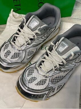 Bottega Veneta Silver and White Mesh Runner Sneakers